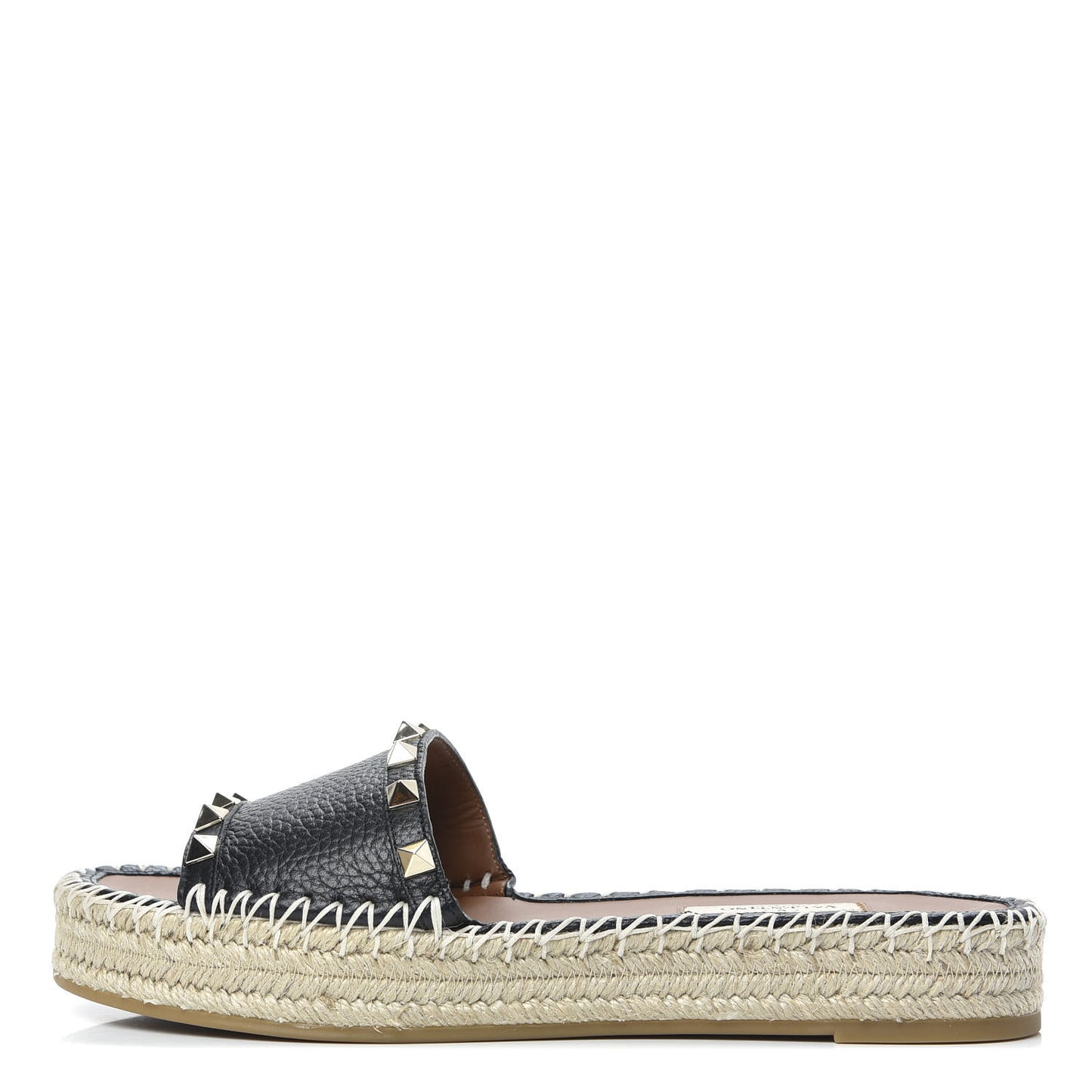 Grained Calfskin Rockstud Espadrille Flat Slide Sandals 37 Black
