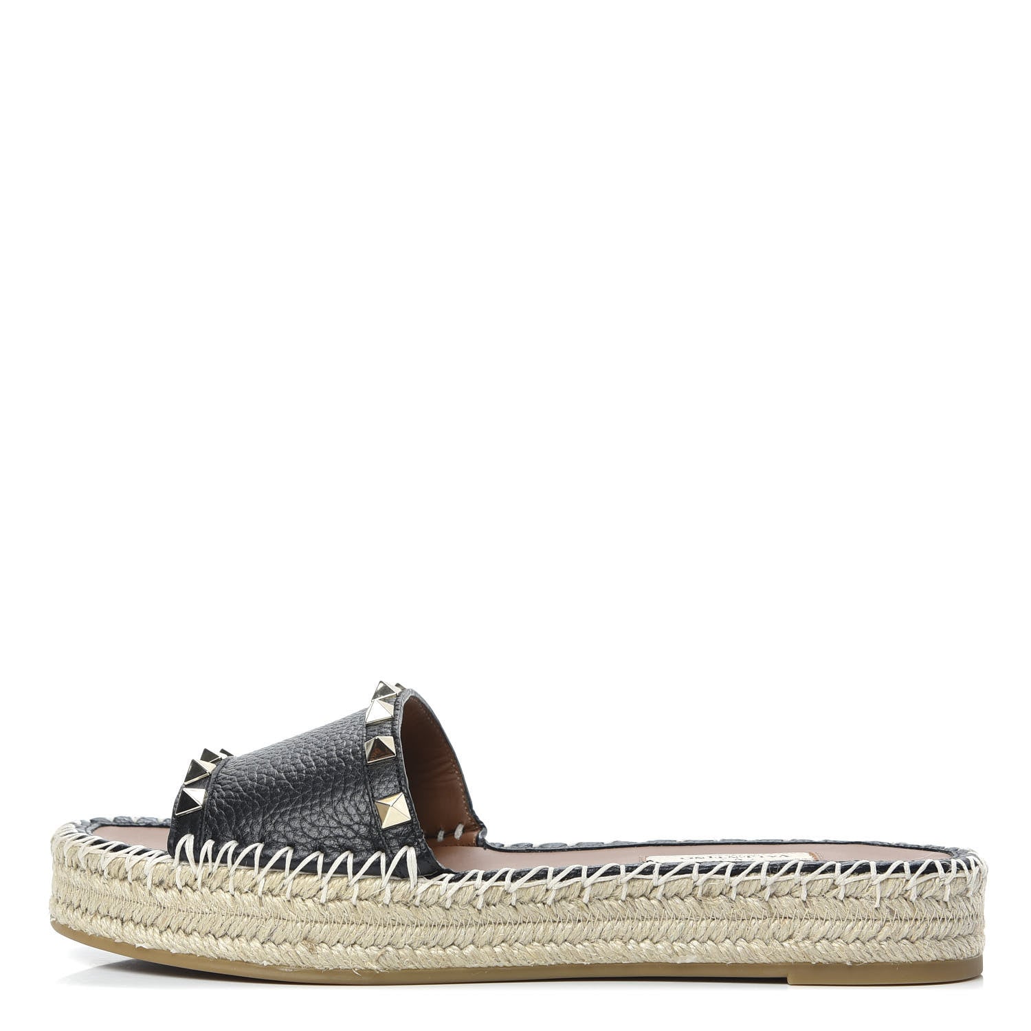 Valentino Garavani Grained Calfskin Rockstud Espadrille Flat Slide Sandals 37 Black 1 of 8