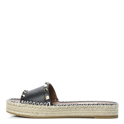Valentino Garavani Grained Calfskin Rockstud Espadrille Flat Slide Sandals 37 Black 1 of 8