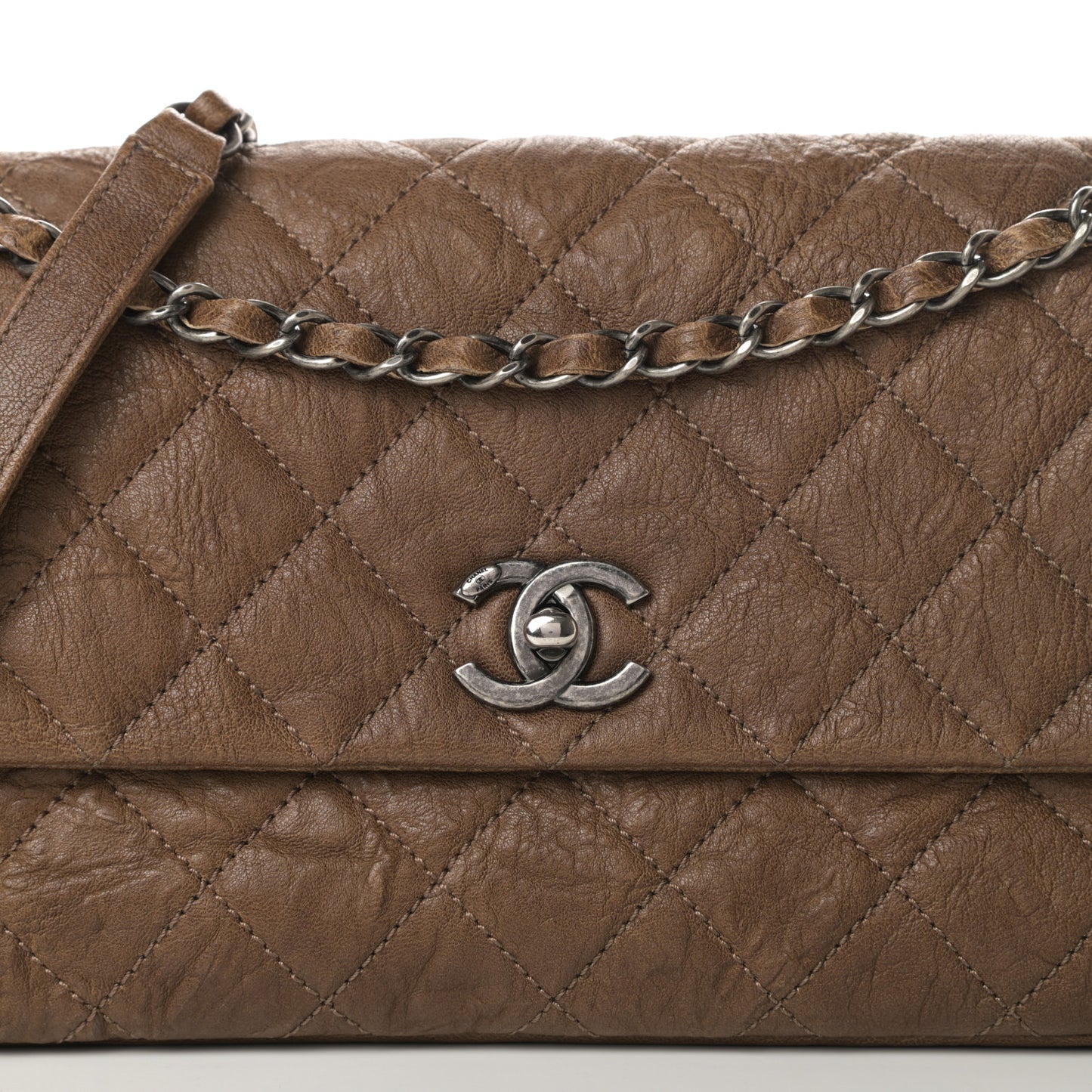 Crumpled Lambskin Quilted Medium Single Flap Khaki