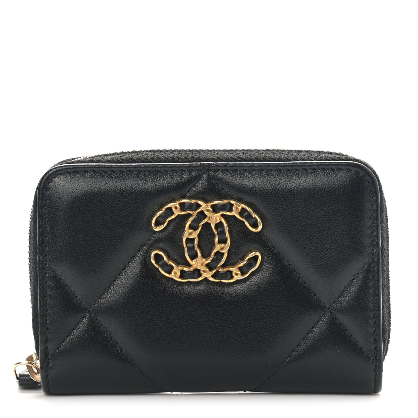 Lambskin Quilted Chanel 19 Zip Around Coin Purse Wallet Black