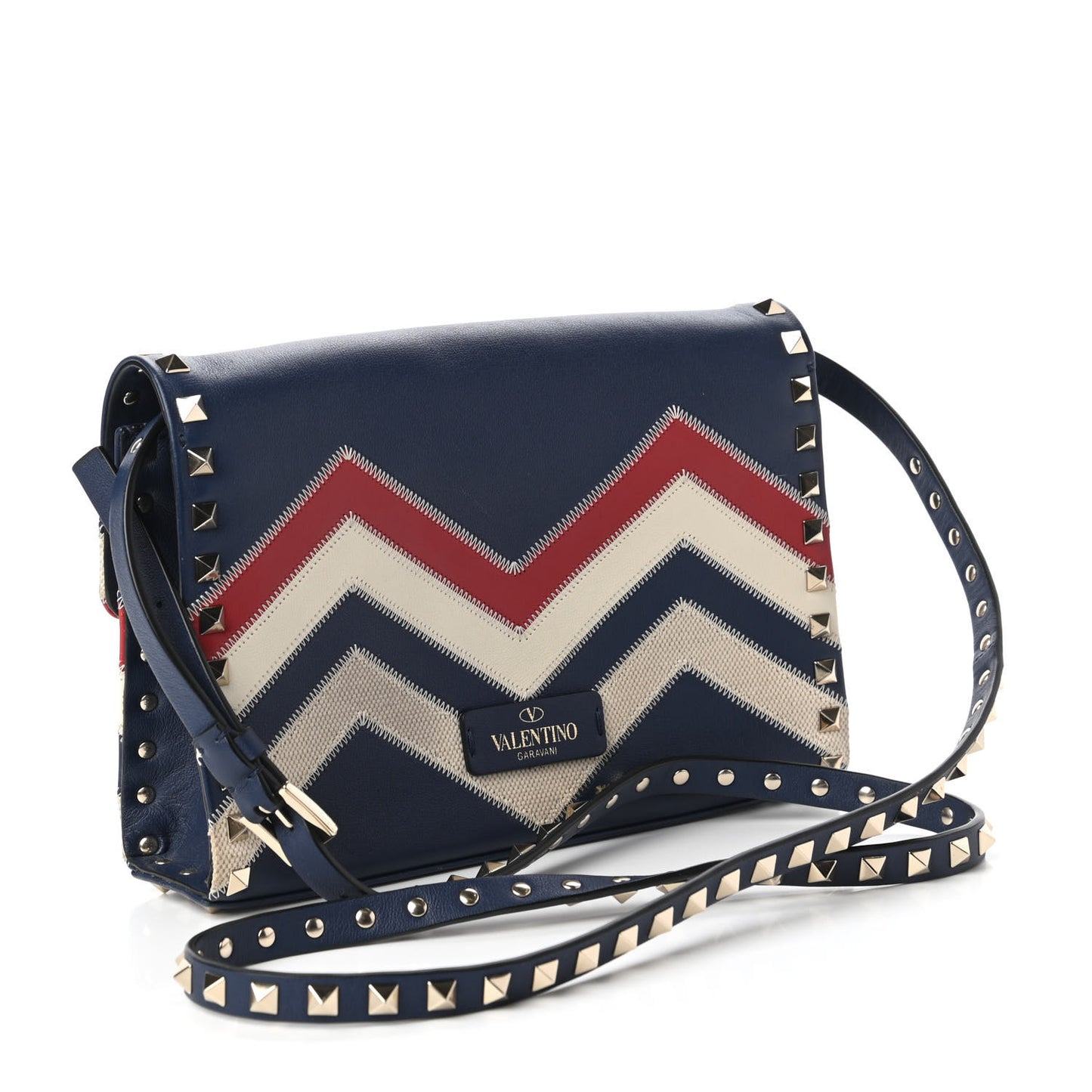 Calfskin Canvas Zig Zag Print Rockstud Flip Lock Crossbody Bag Red Blue