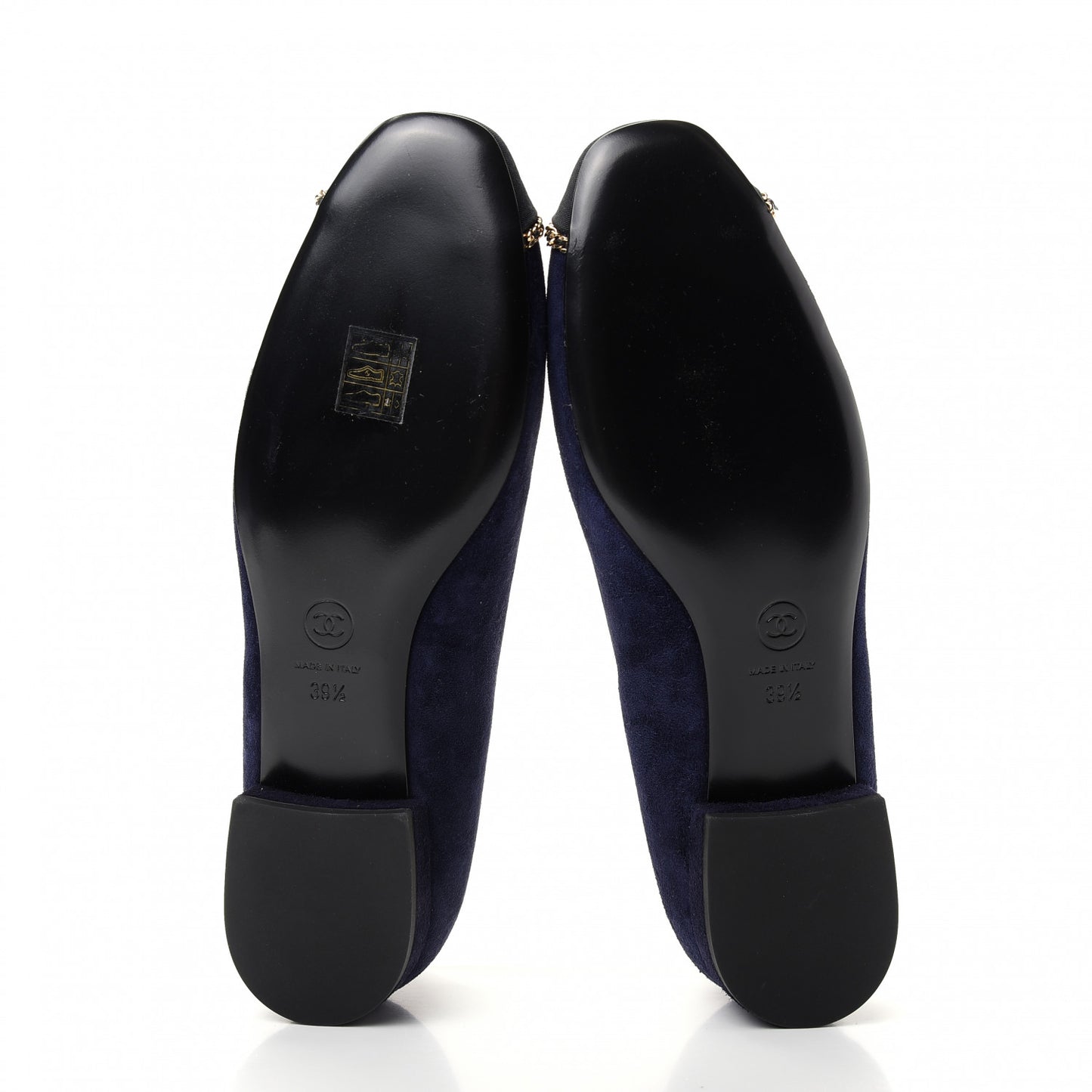 Suede Calfskin Grosgrain Cap Toe Chain Ballerina Flats 39.5 Navy Blue Black