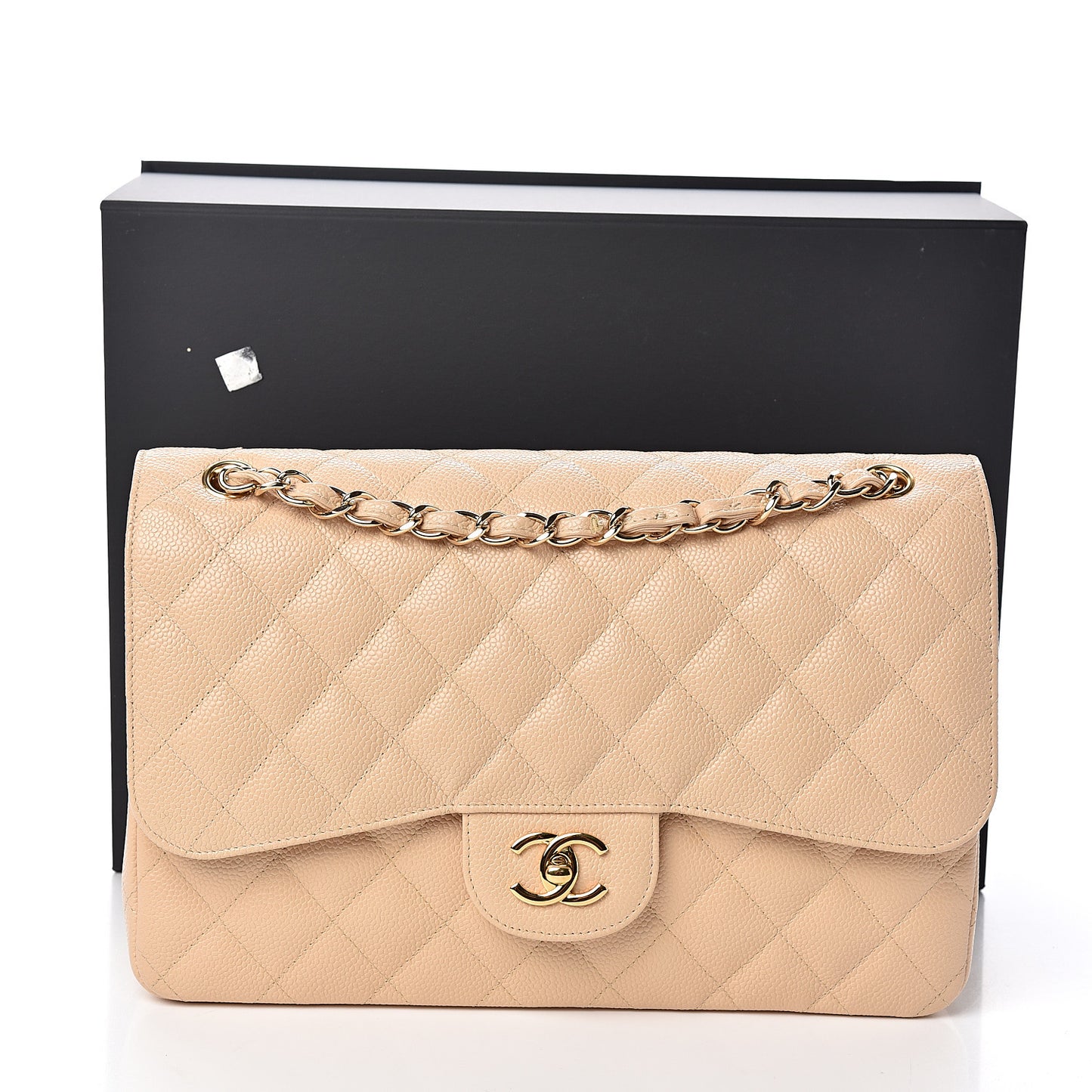 Caviar Quilted Jumbo Double Flap Light Beige