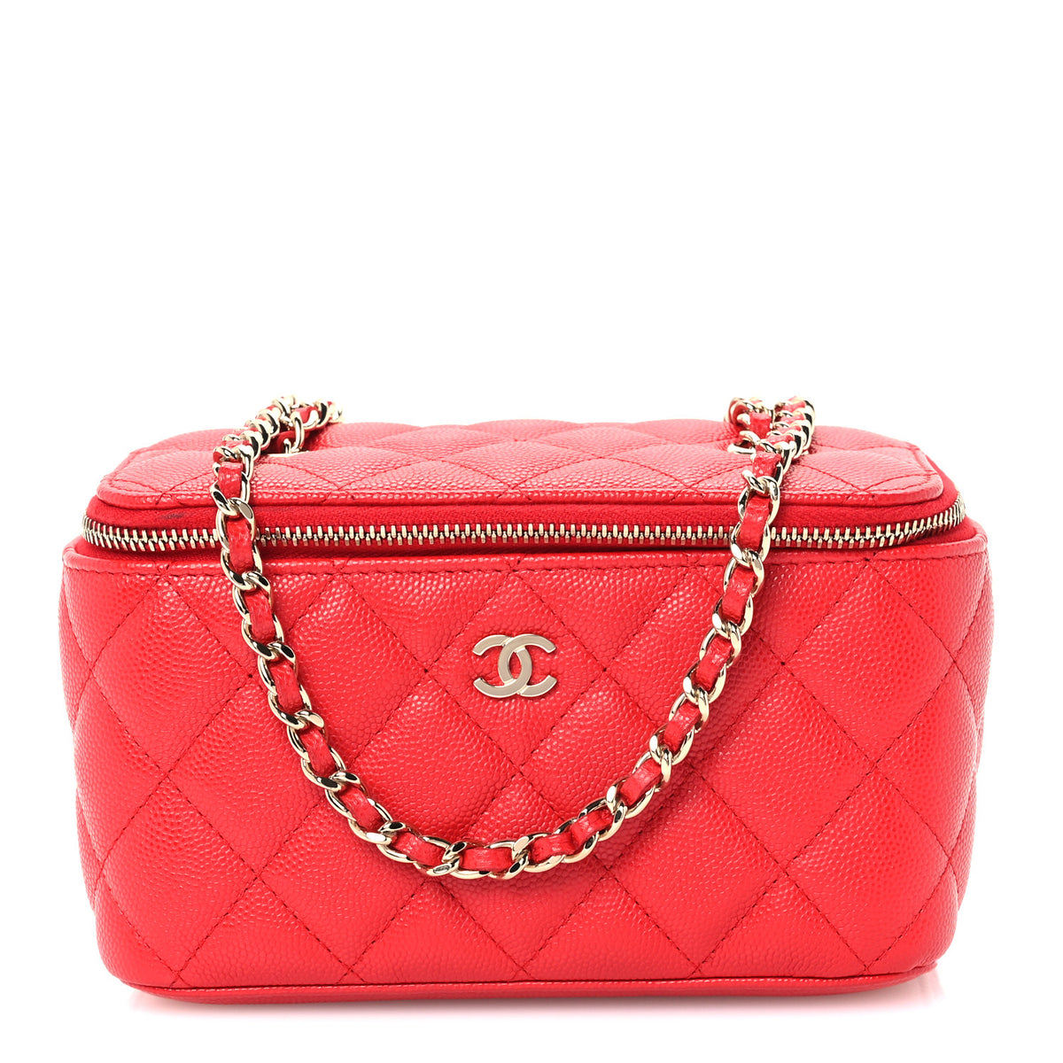 Caviar Quilted Small Vanity Case With Chain Red