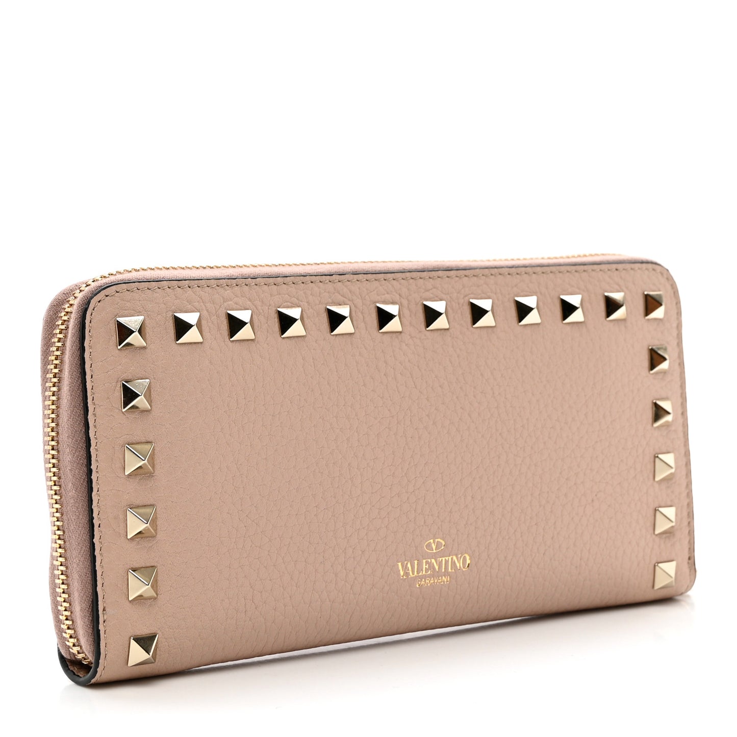 Pebbled Calfskin Rockstud Zip Around Wallet Poudre