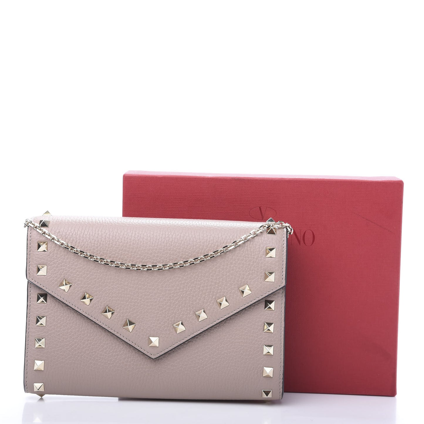 Pebbled Calfskin Rockstud Envelope Wallet on Chain Poudre