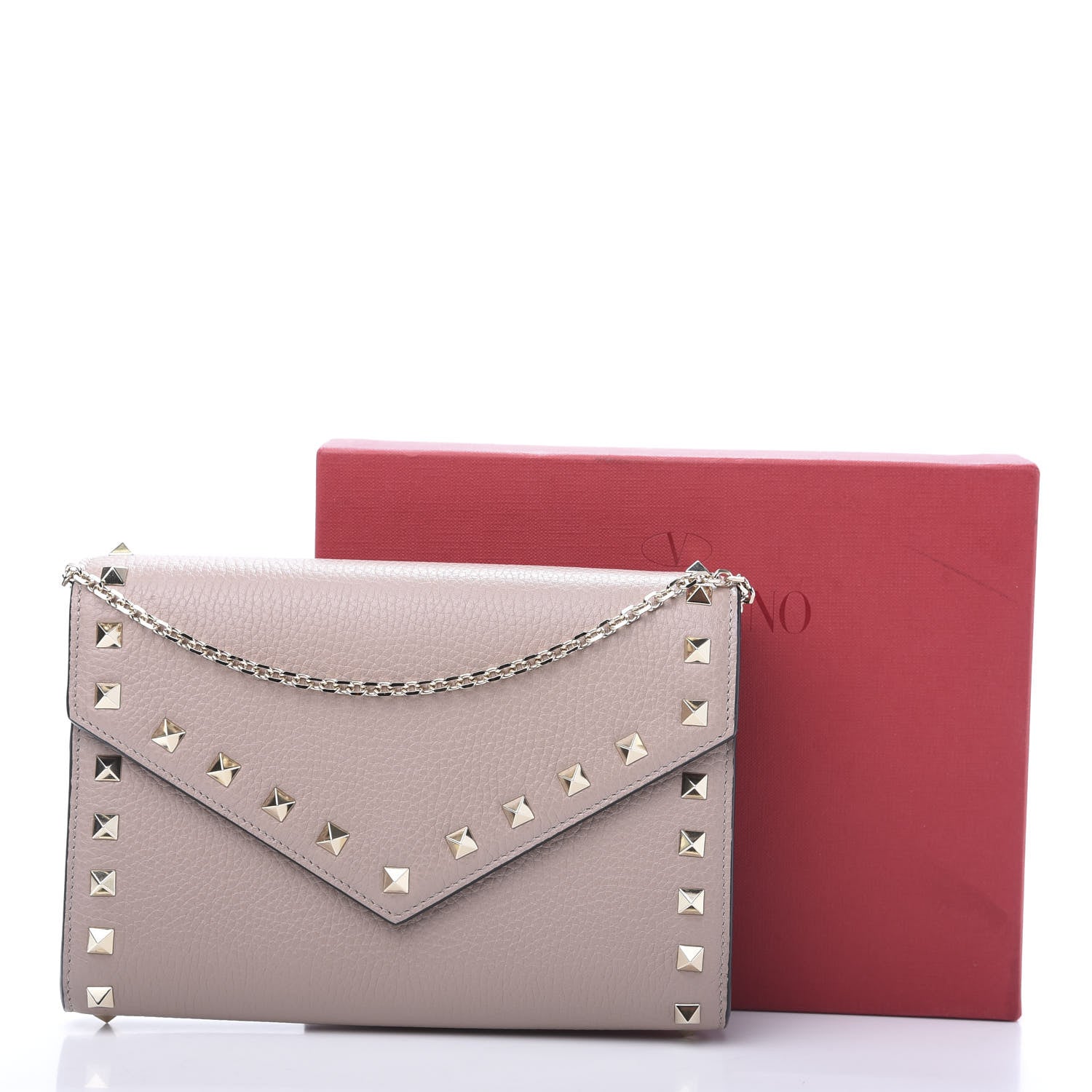 Valentino Garavani Pebbled Calfskin Rockstud Envelope Wallet on Chain Poudre 12 of 12