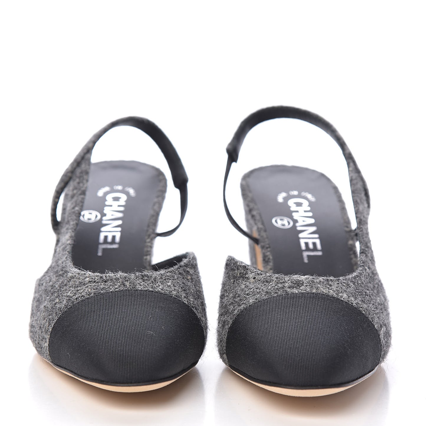 Tweed Grosgrain Cap Toe CC Slingback Pumps 37 Black Dark Grey
