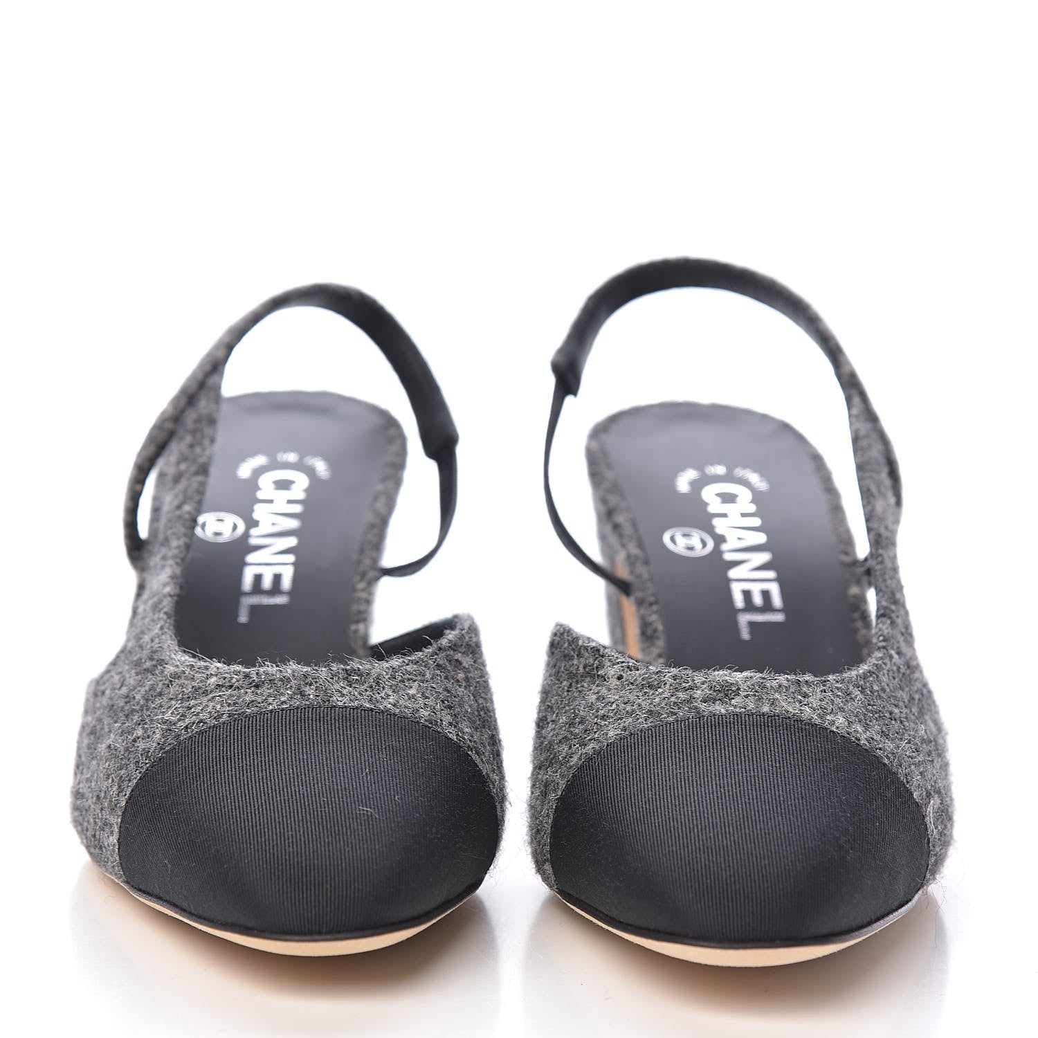 Chanel Tweed Grosgrain Cap Toe CC Slingback Pumps 37 Black Dark Grey 2 of 9