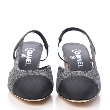 Chanel Tweed Grosgrain Cap Toe CC Slingback Pumps 37 Black Dark Grey 2 of 9