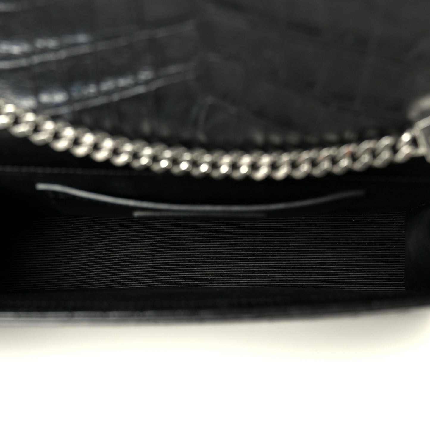 Calfskin Crocodile Embossed Medium Classic Monogram Kate Tassel Satchel Black