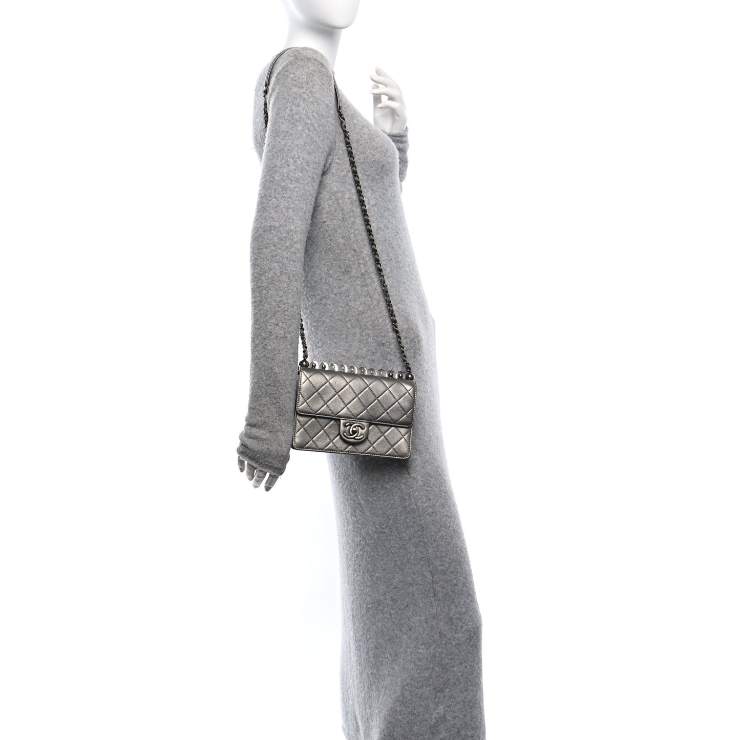 Metallic Goatskin Quilted Small Chic Pearls Flap Silver