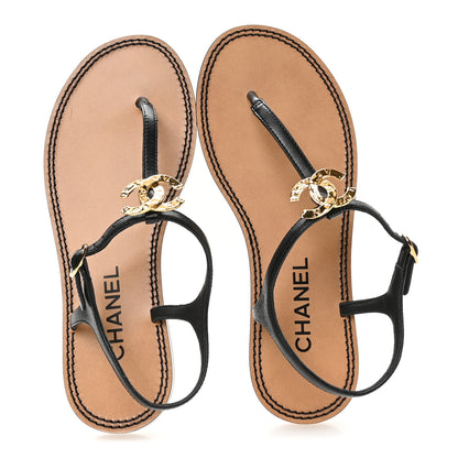 Chanel Lambskin CC Thong Sandals 36.5 Black Gold 2 of 8