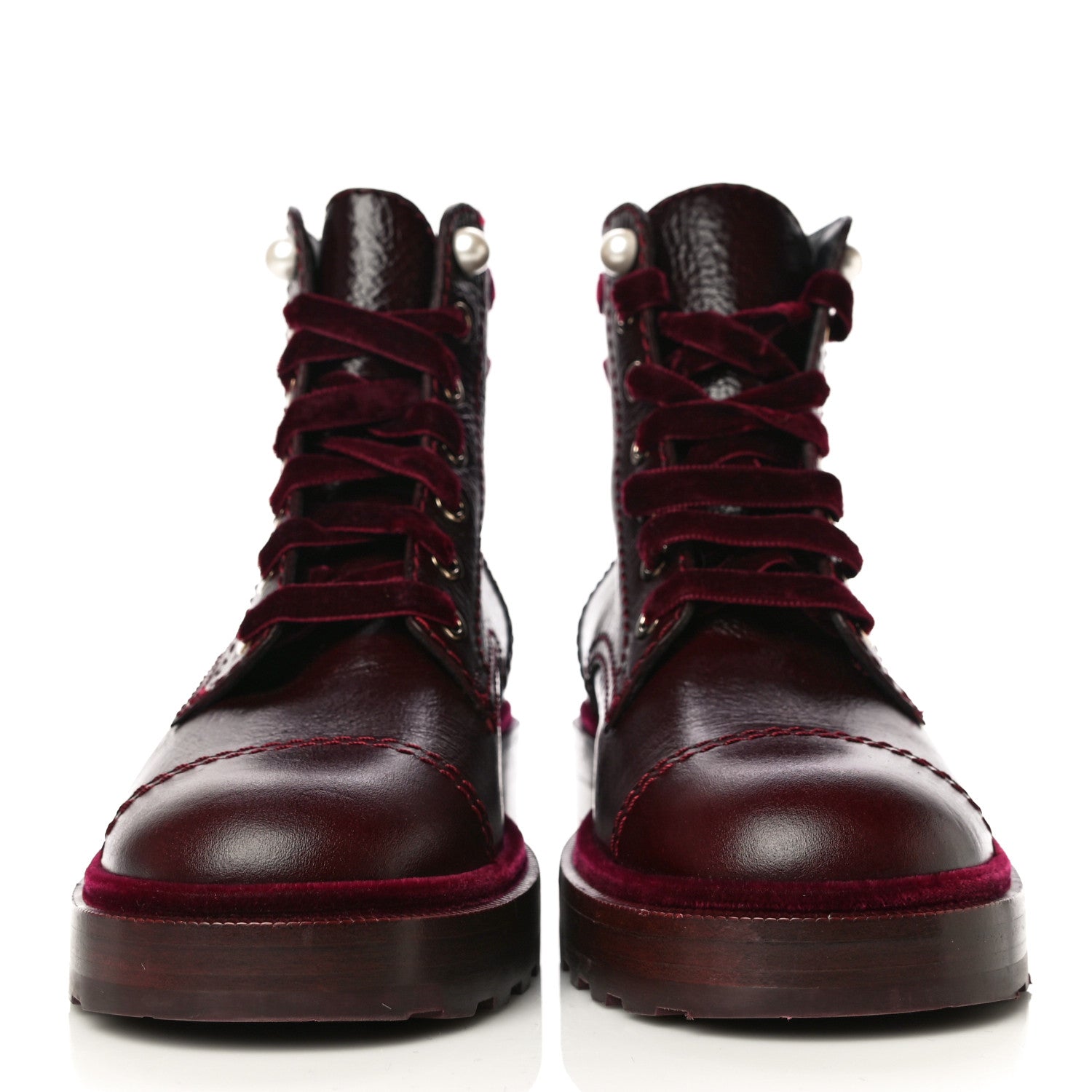 Chanel Calfskin Velvet Pearl Combat Short Boots 38 Burgundy 2 of 12