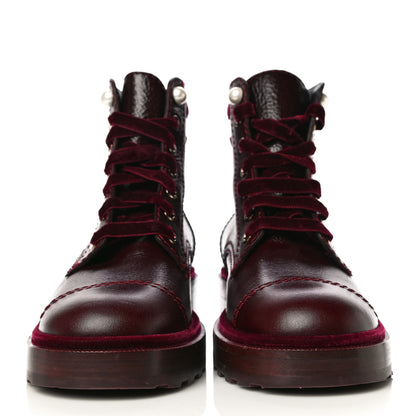 Chanel Calfskin Velvet Pearl Combat Short Boots 38 Burgundy 2 of 12