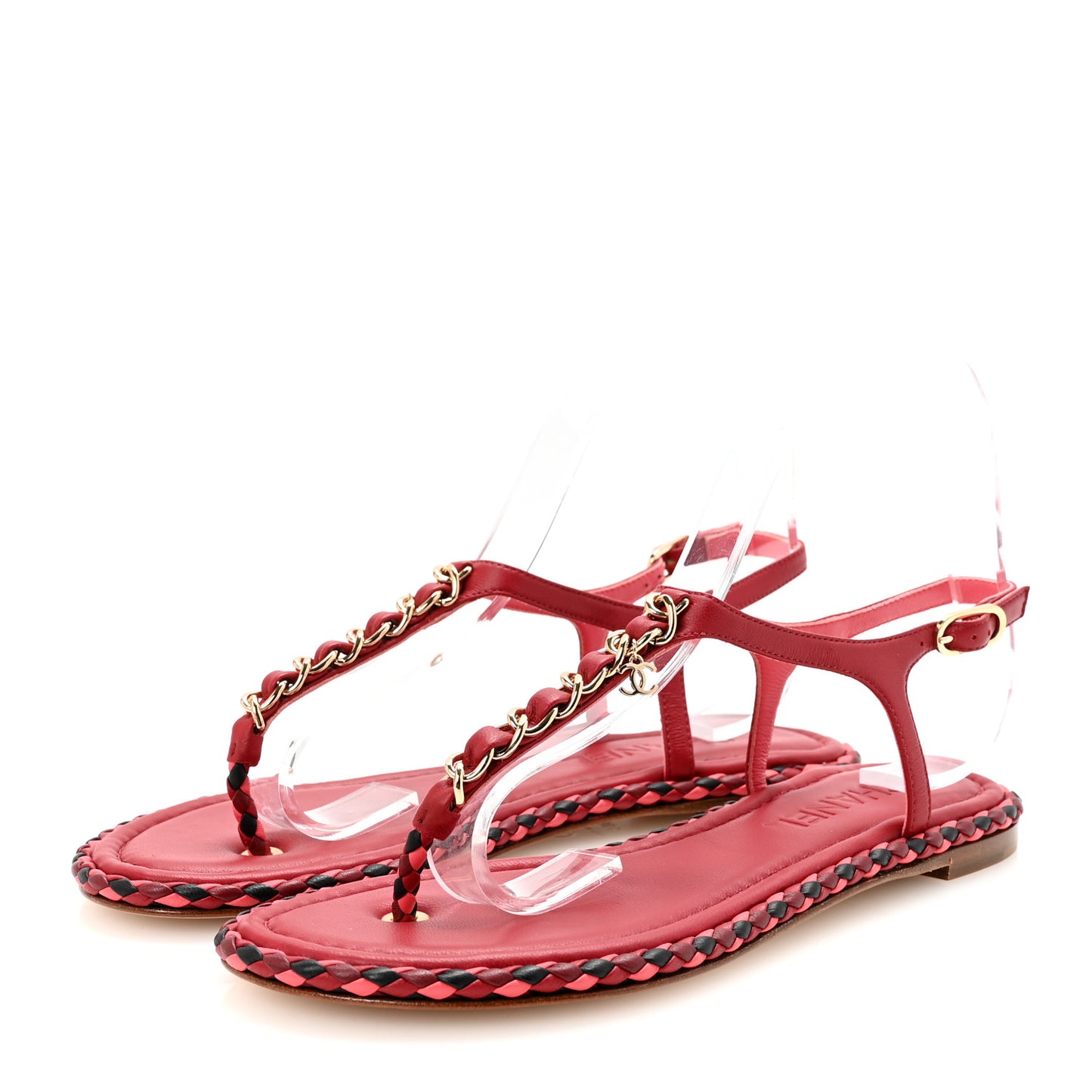Lambskin Braided CC Logo Thong Sandals 38 Red