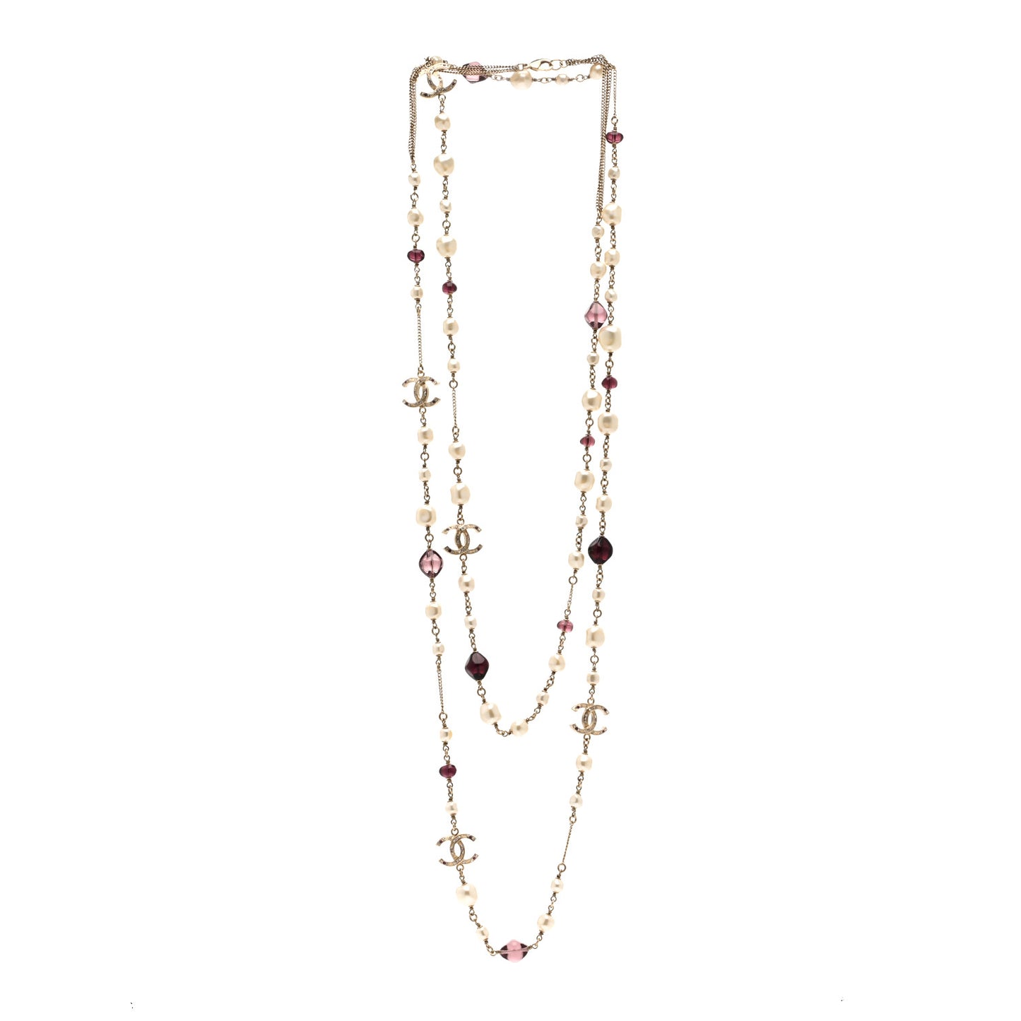 Beaded Pearl Crystal CC Long Strand Necklace Gold Purple
