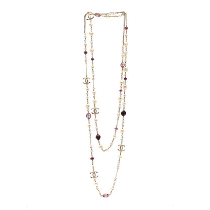 Chanel Beaded Pearl Crystal CC Long Strand Necklace Gold Purple 3 of 6