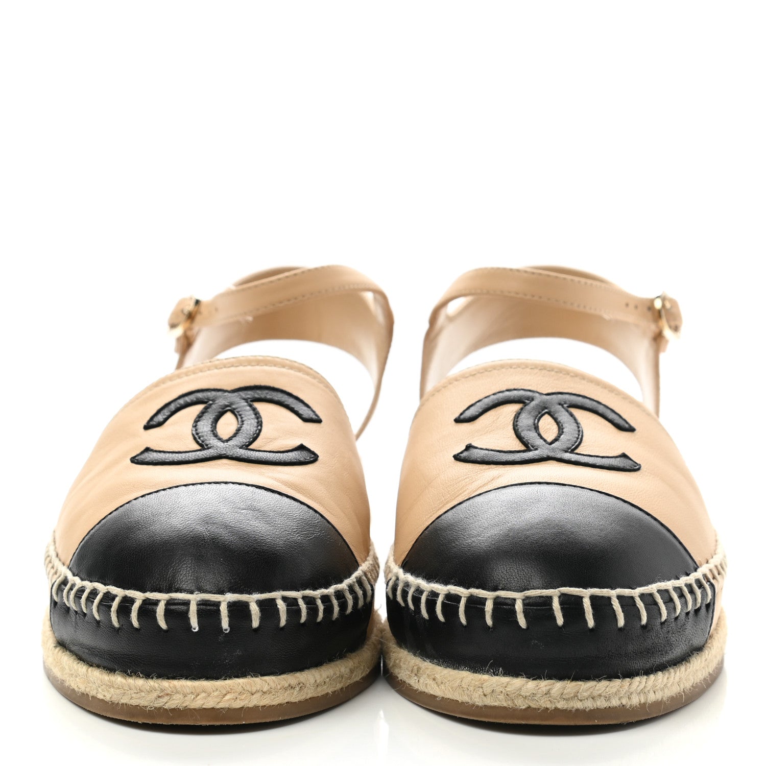 Chanel Lambskin Cap Toe CC Espadrille Sandals 40 Beige Black 2 of 9