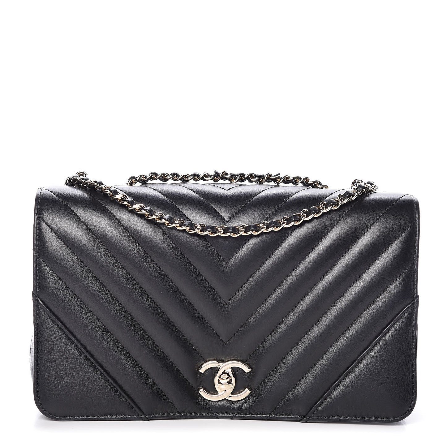 Calfskin Chevron Quilted Statement Flap Black