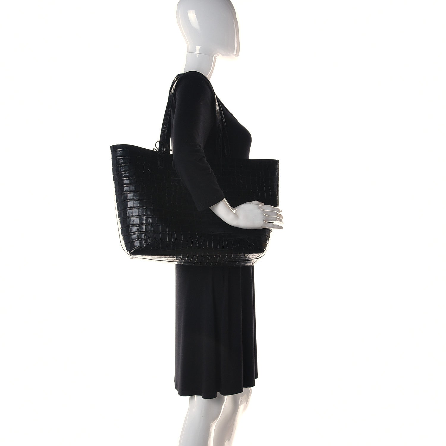Mansur Gavriel Calfskin Crocodile Embossed Large Shopping Tote Black 2 of 12