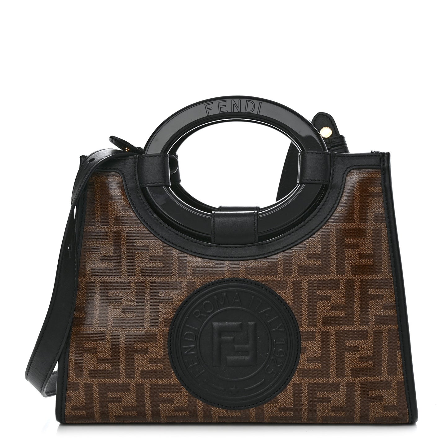 Glazed Fabric Vitello Century Plexiglass FF 1974 Stamp Patch Small Runaway Shopper Tote Mogano Panna Black