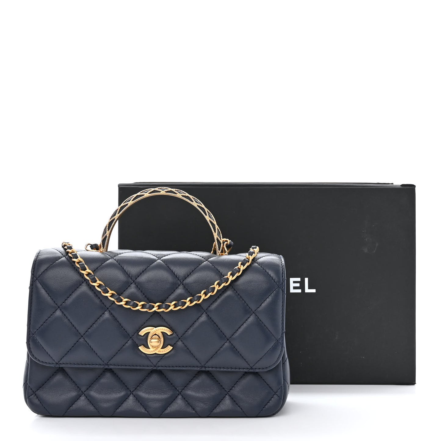 Lambskin Metal Quilted Twist Top Handle Flap With Chain Blue