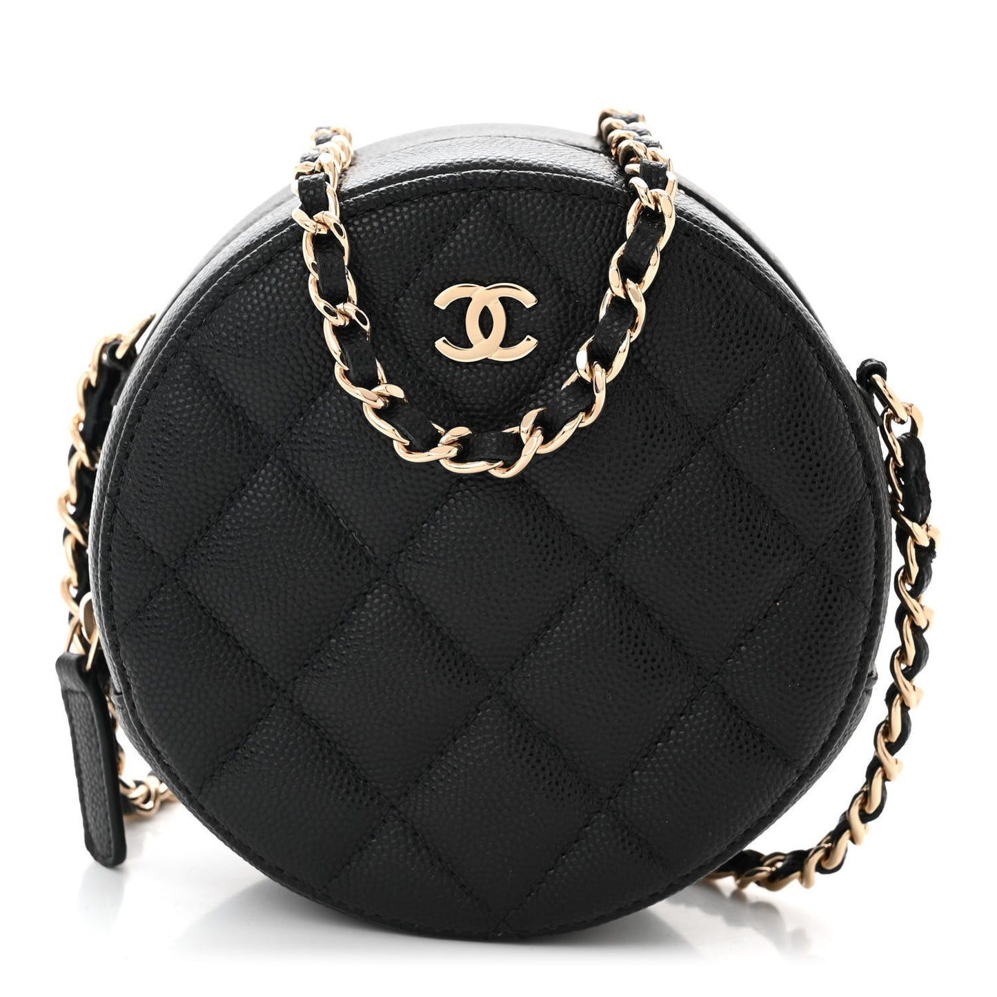 Caviar Quilted Round Clutch With Chain Black