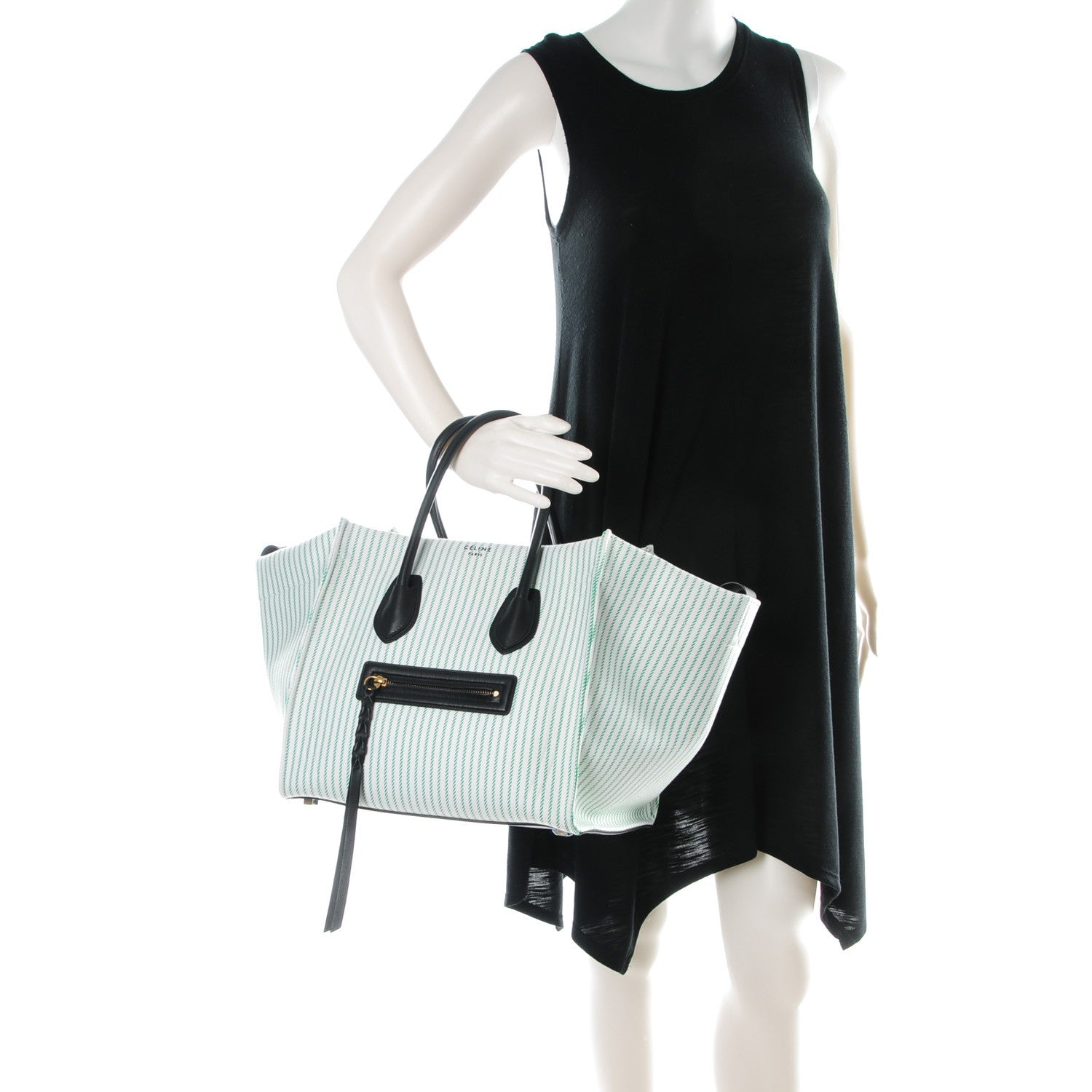 Celine Cotton Canvas Striped Medium Phantom Luggage White Green 2 of 9