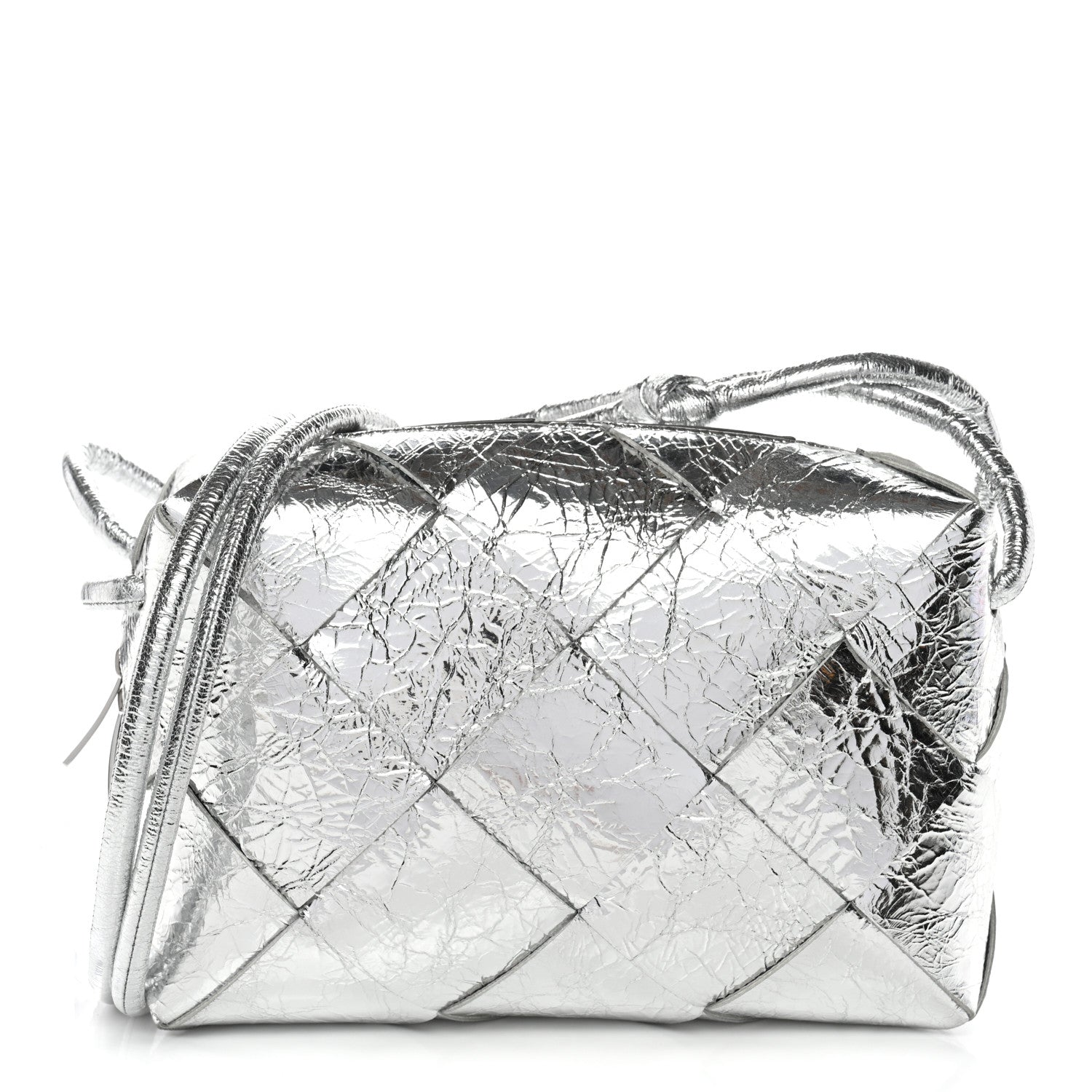 Bottega Veneta Metallic Crinkled Lambskin Maxi Intrecciato Small Cassette Camera Bag Silver 1 of 9