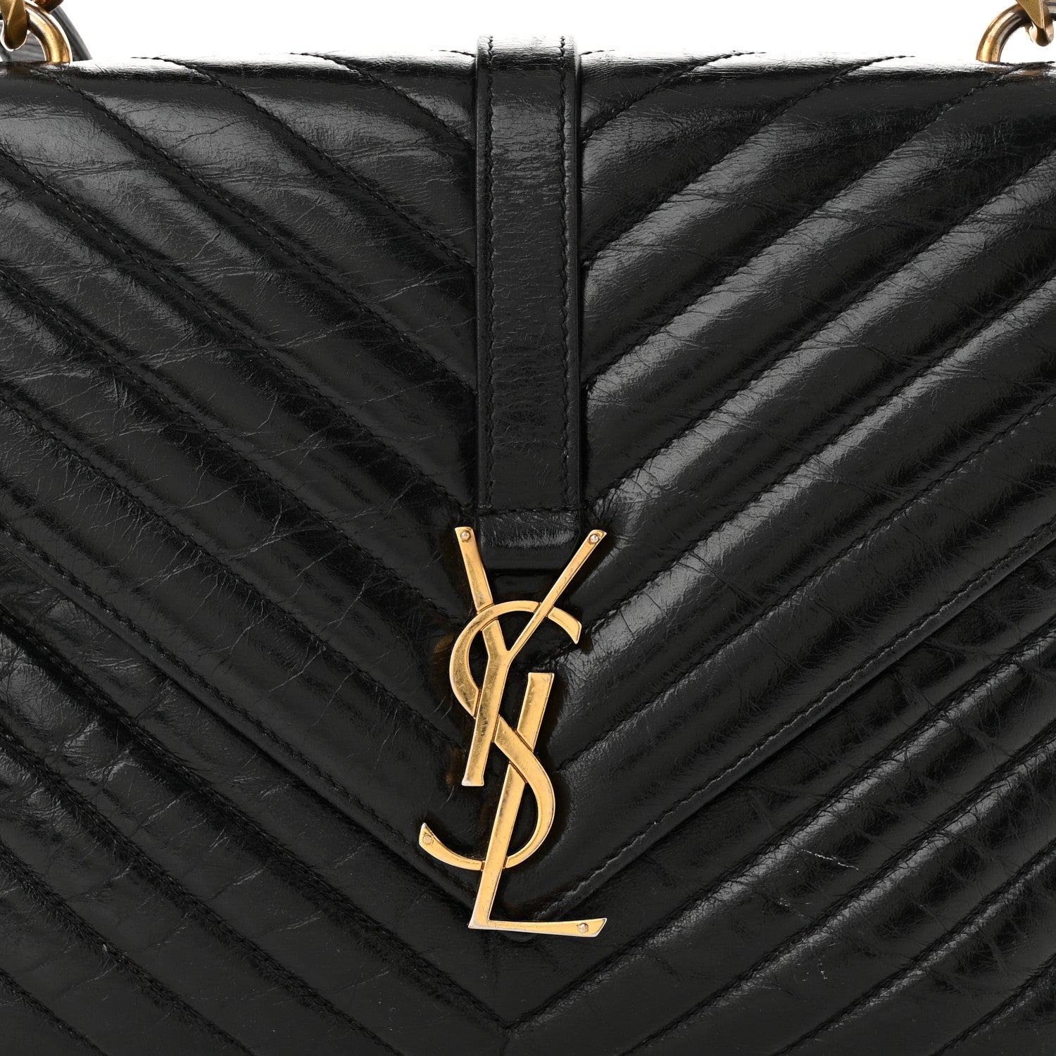 Saint Laurent Cracked Shiny Calfskin Matelasse Chevron Monogram Medium College Bag Black 8 of 10