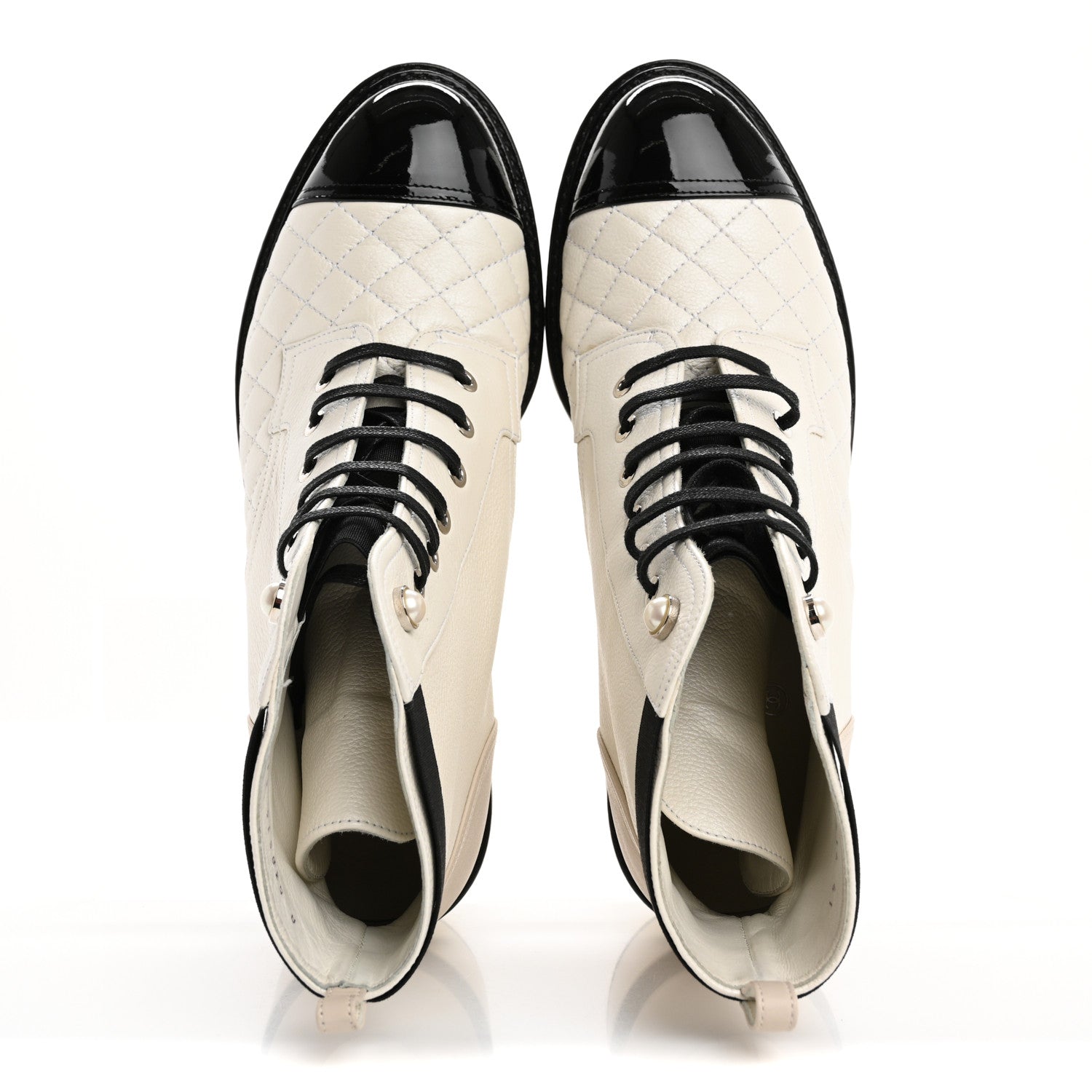 Chanel Pearly Calfskin Patent Calfskin Quilted Lace Up Boots 41 White Light Gray Black 2 of 14