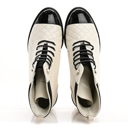 Chanel Pearly Calfskin Patent Calfskin Quilted Lace Up Boots 41 White Light Gray Black 2 of 14