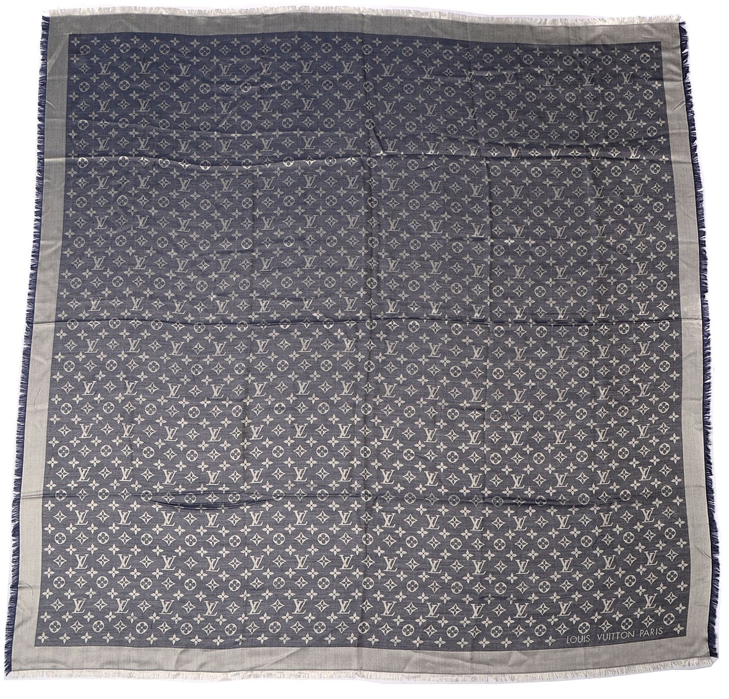 Wool Silk Monogram Denim Shawl Blue