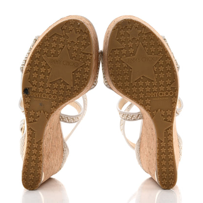 Jimmy Choo Fabric Cork Portia 120 Wedge Sandals 37 White Marble 5 of 8