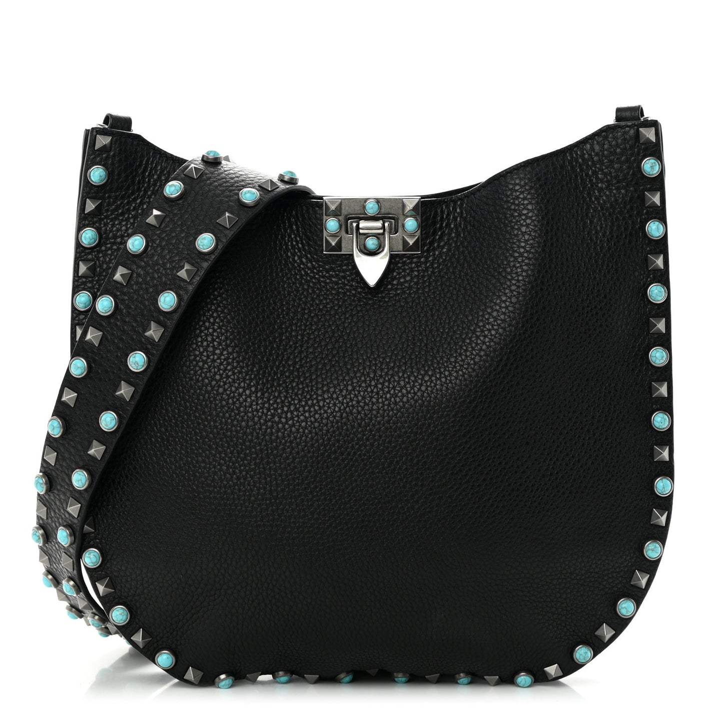 Grained Calfskin Turquoise Small Rockstud Rolling Flip-Lock Messenger Black