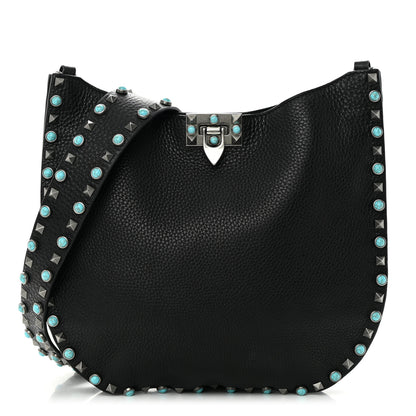 Valentino Garavani Grained Calfskin Turquoise Small Rockstud Rolling Flip-Lock Messenger Black 1 of 11