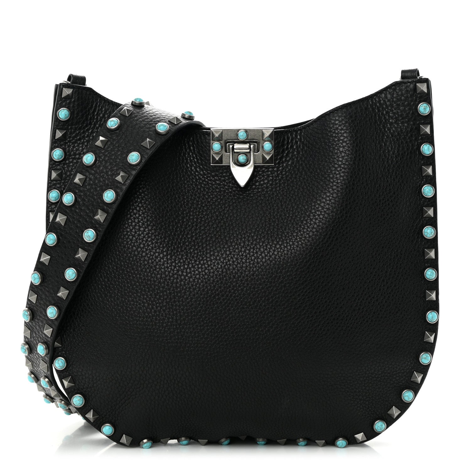 Valentino Garavani Grained Calfskin Turquoise Small Rockstud Rolling Flip-Lock Messenger Black 1 of 11