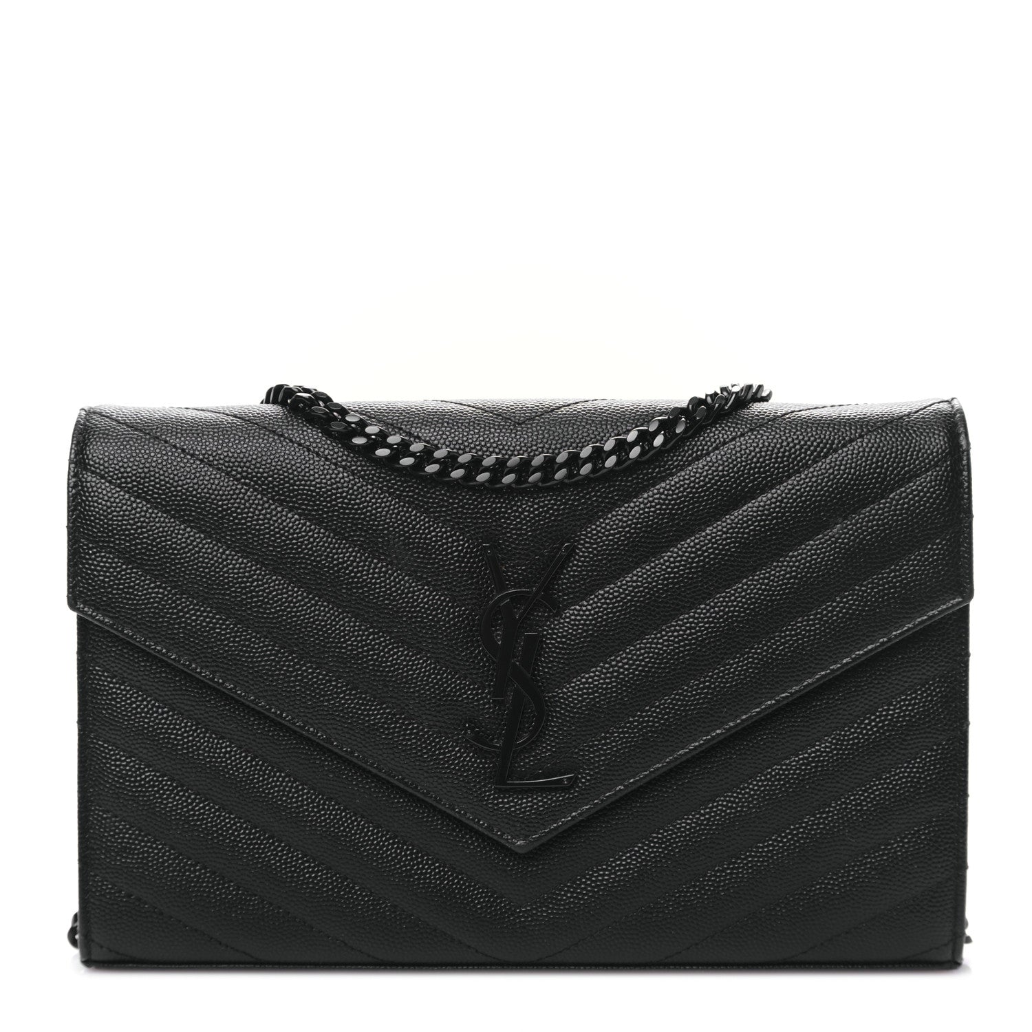 Saint Laurent Grain De Poudre Matelasse Chevron Monogram Monochrome Chain Wallet Black 1 of 8