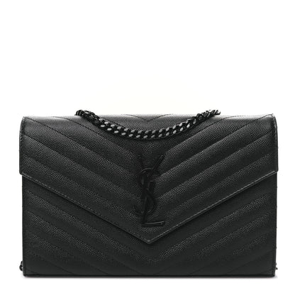 Saint Laurent Grain De Poudre Matelasse Chevron Monogram Monochrome Chain Wallet Black 1 of 8