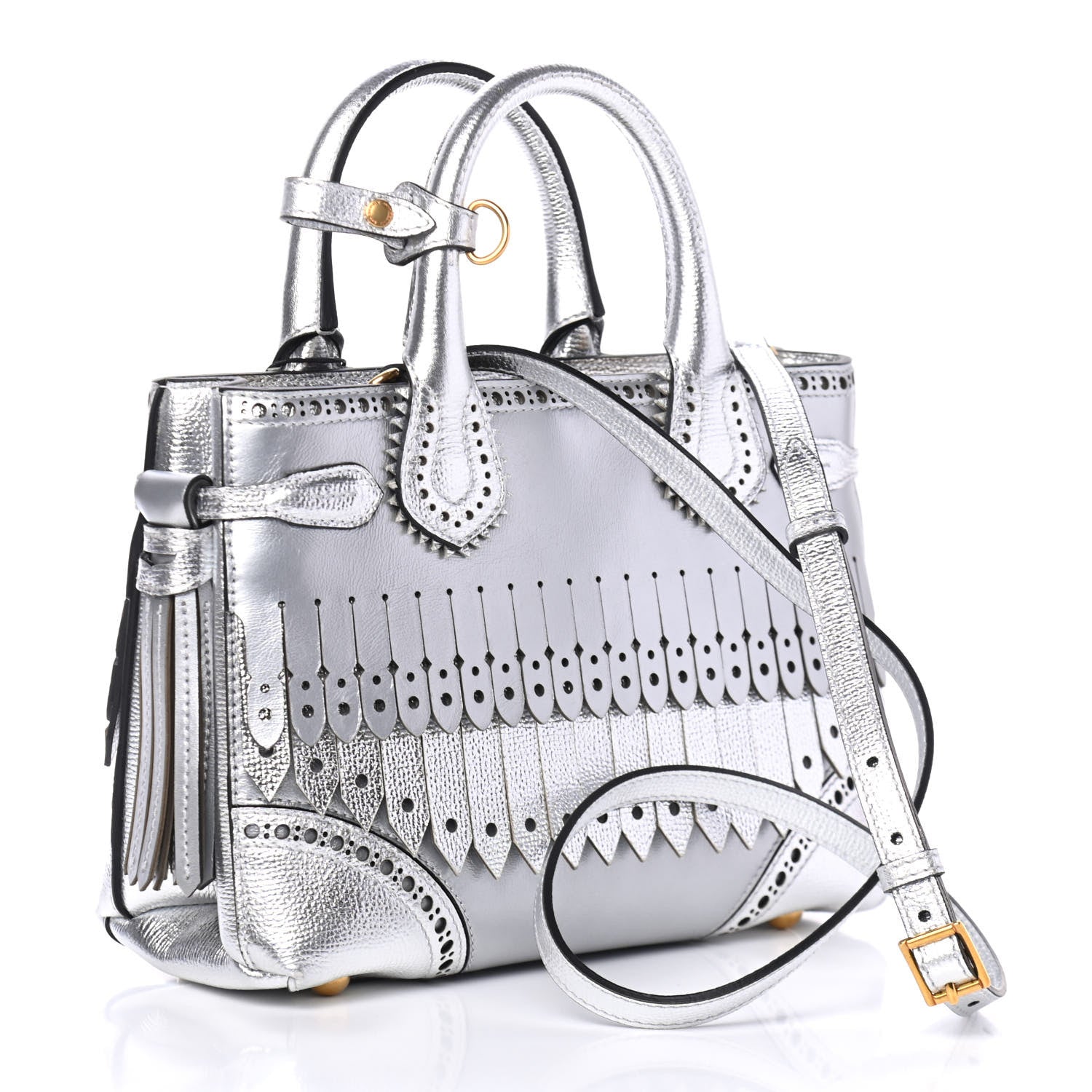 Burberry Metallic Calfskin Broguing Small Banner Tote Silver 2 of 4