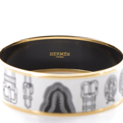 Hermes Enamel Printed Harnais Des Presidents Wide Bracelet 70 White Black 4 of 6