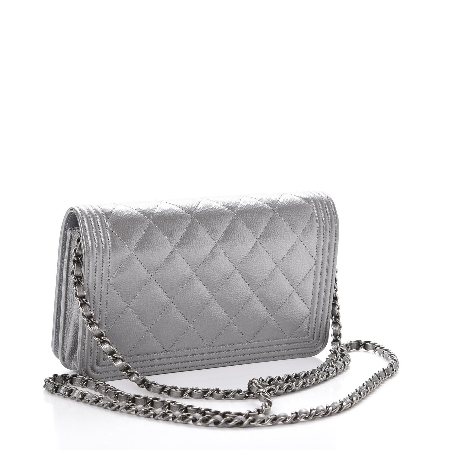 Metallic Caviar Quilted Boy Wallet On Chain WOC Silver