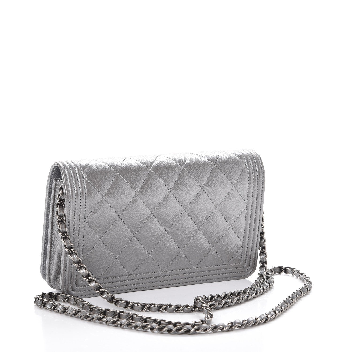 Chanel Metallic Caviar Quilted Boy Wallet On Chain WOC Silver 3 of 10