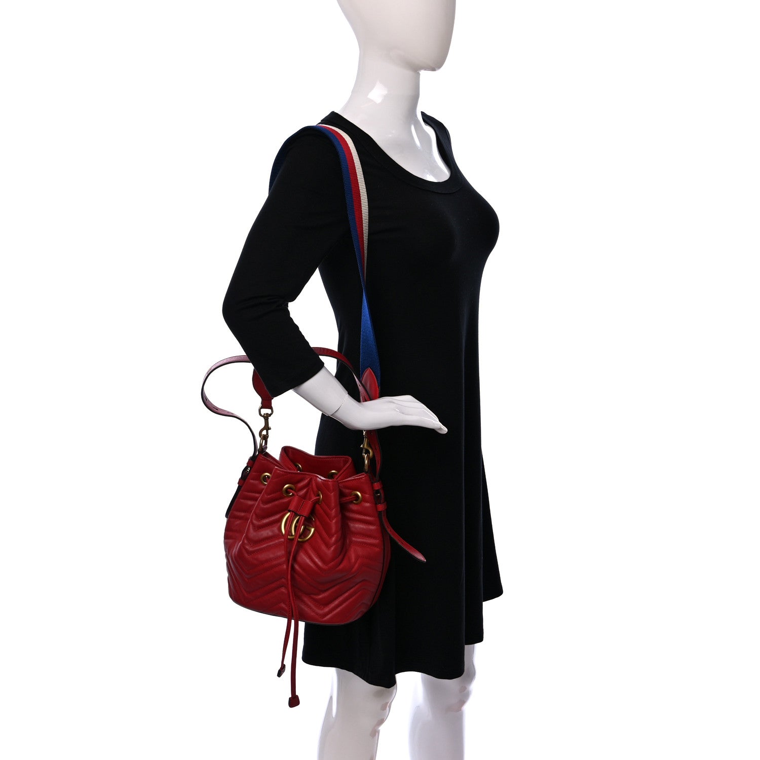Gucci Calfskin Matelasse Sylvie Web GG Marmont Bucket Bag Hibiscus Red 2 of 9