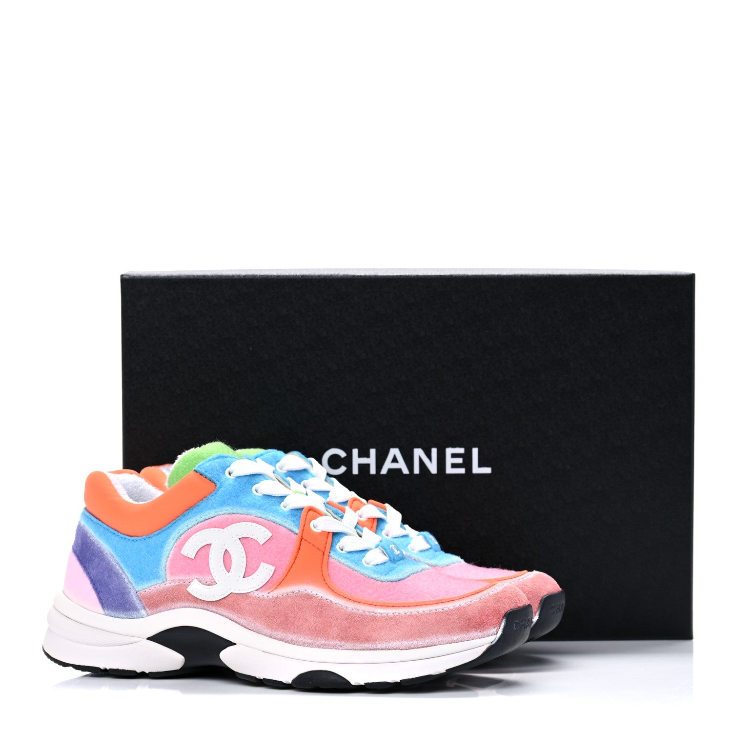 Chanel Fabric Calfskin Suede CC Womens Sneakers 38 White Multicolor 8 of 8