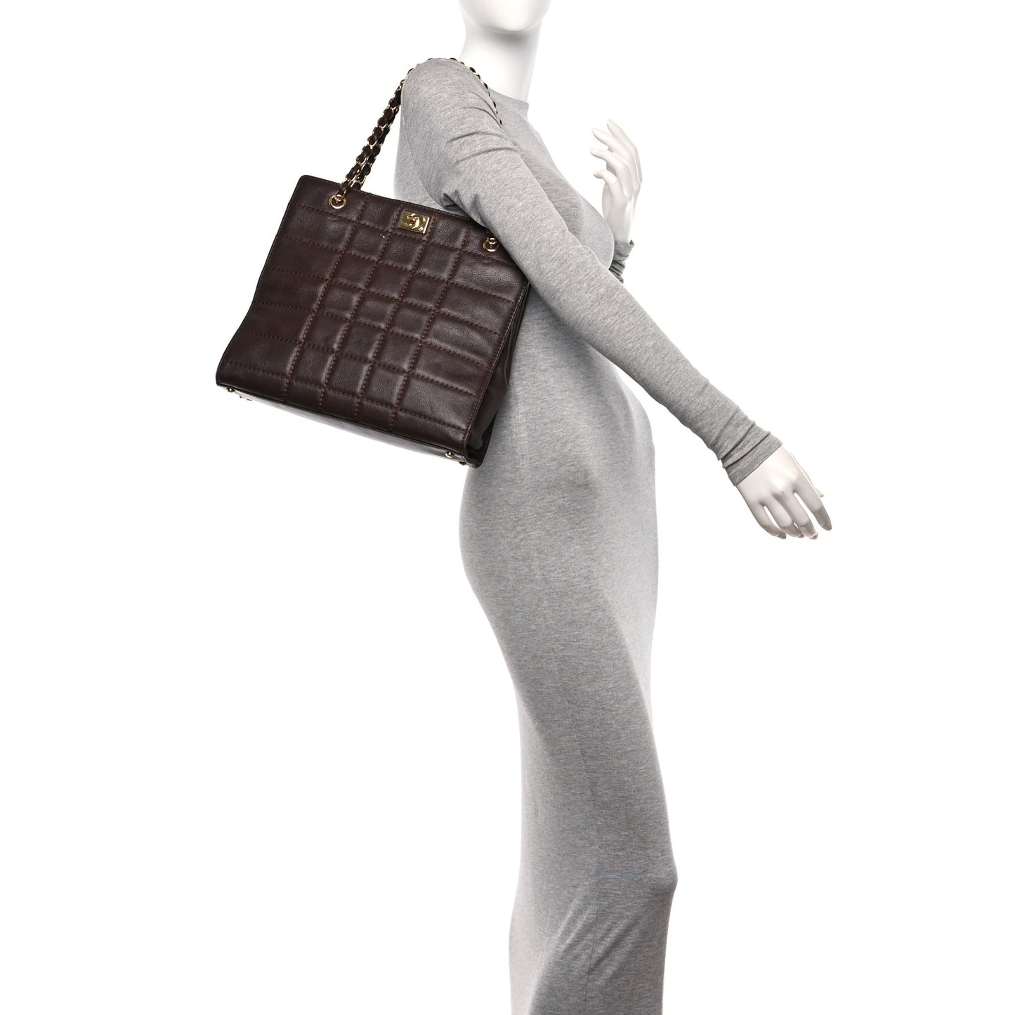 Calfskin Stitched Chocolate Bar Shopping Tote Dark Brown