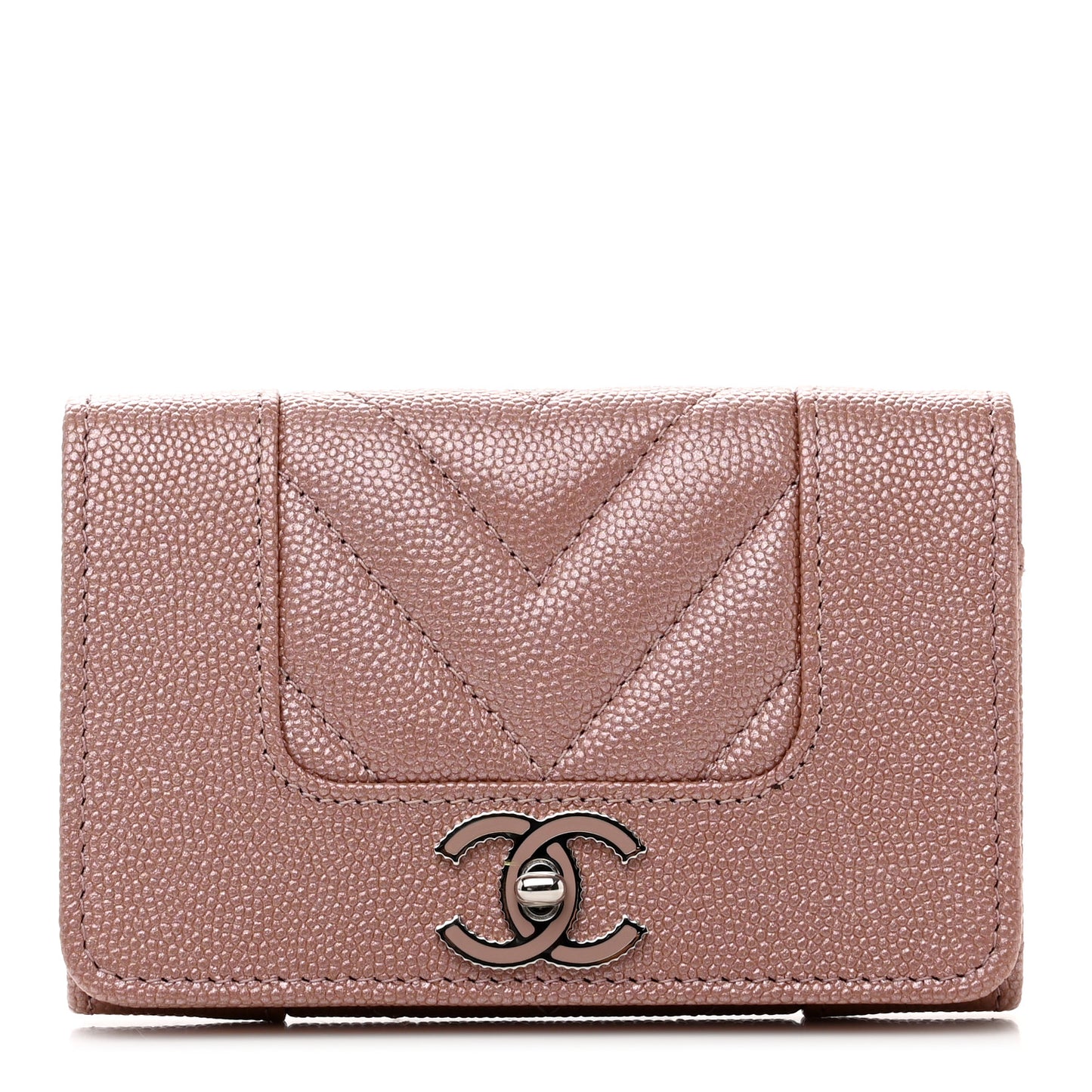 Metallic Caviar Chevron Quilted Vintage Mademoiselle Flap Card Holder Pink