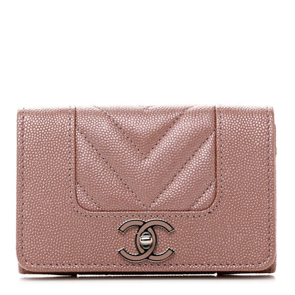 Chanel Metallic Caviar Chevron Quilted Vintage Mademoiselle Flap Card Holder Pink 1 of 8